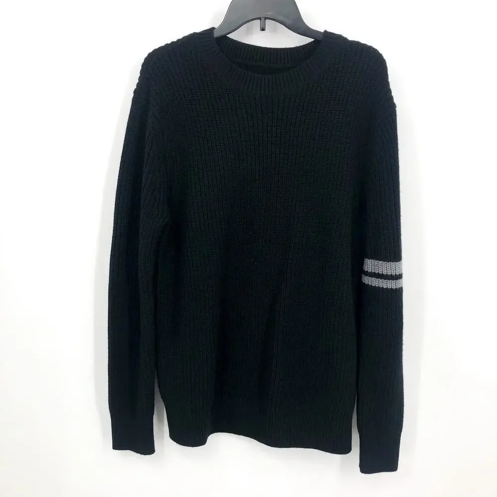 LABEL Mens Go-To Sweater Small Black Grey Merino Wool Knit Crewneck Pullover NWT